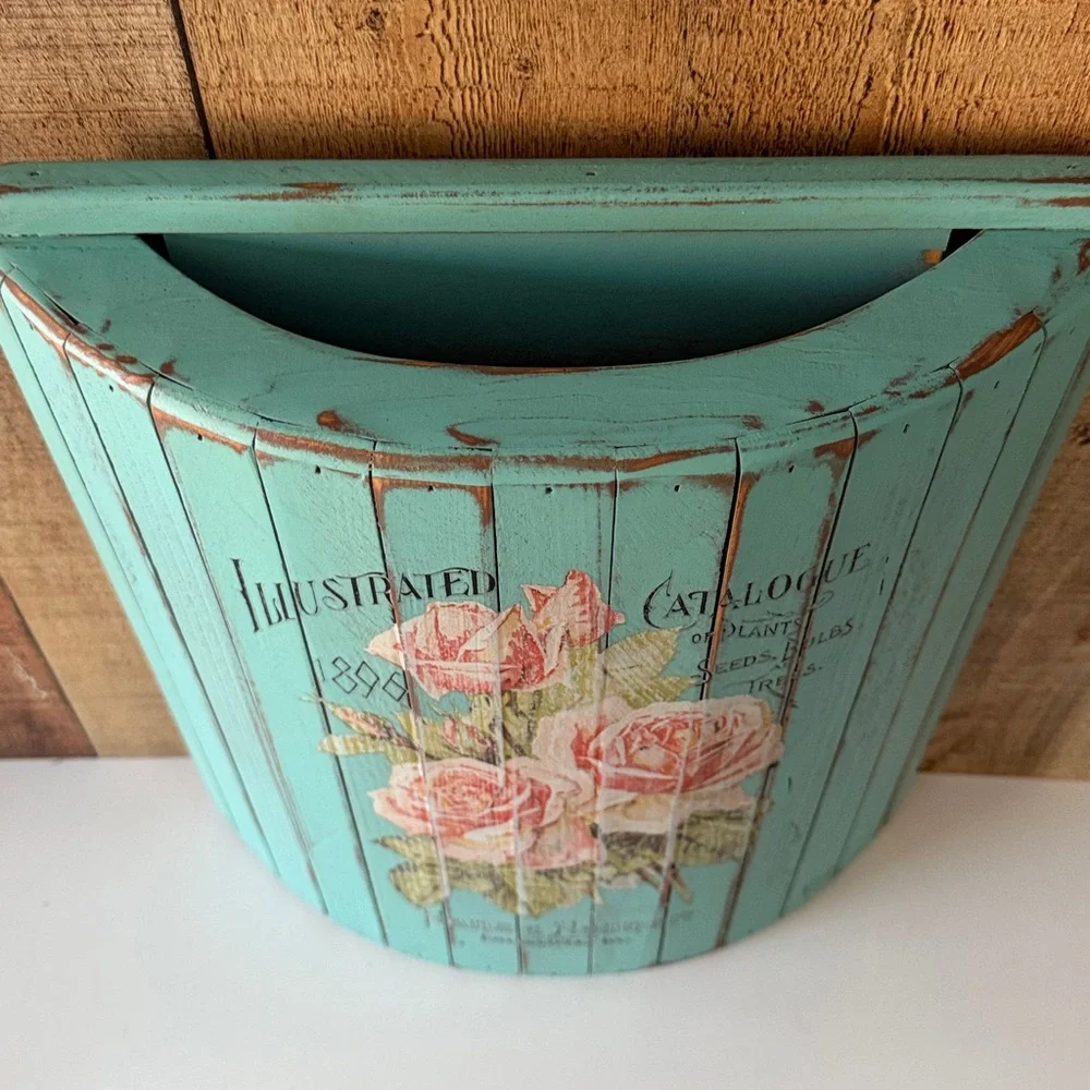 Vintage Inspired Upcycled Shabby Chic Floral Wooden Half Bucket Wall Pocket - Picture 6 of 13